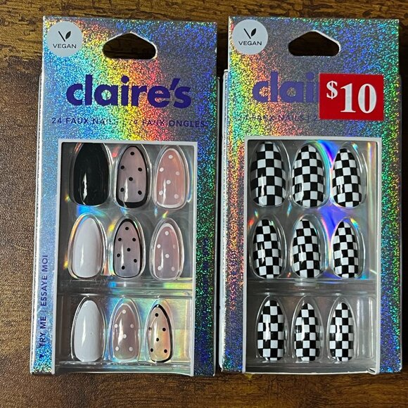 Claire's Other - 2 Claire's Glue-On Nails Manicure, Black and White Checkers Polka Dots, Almond
